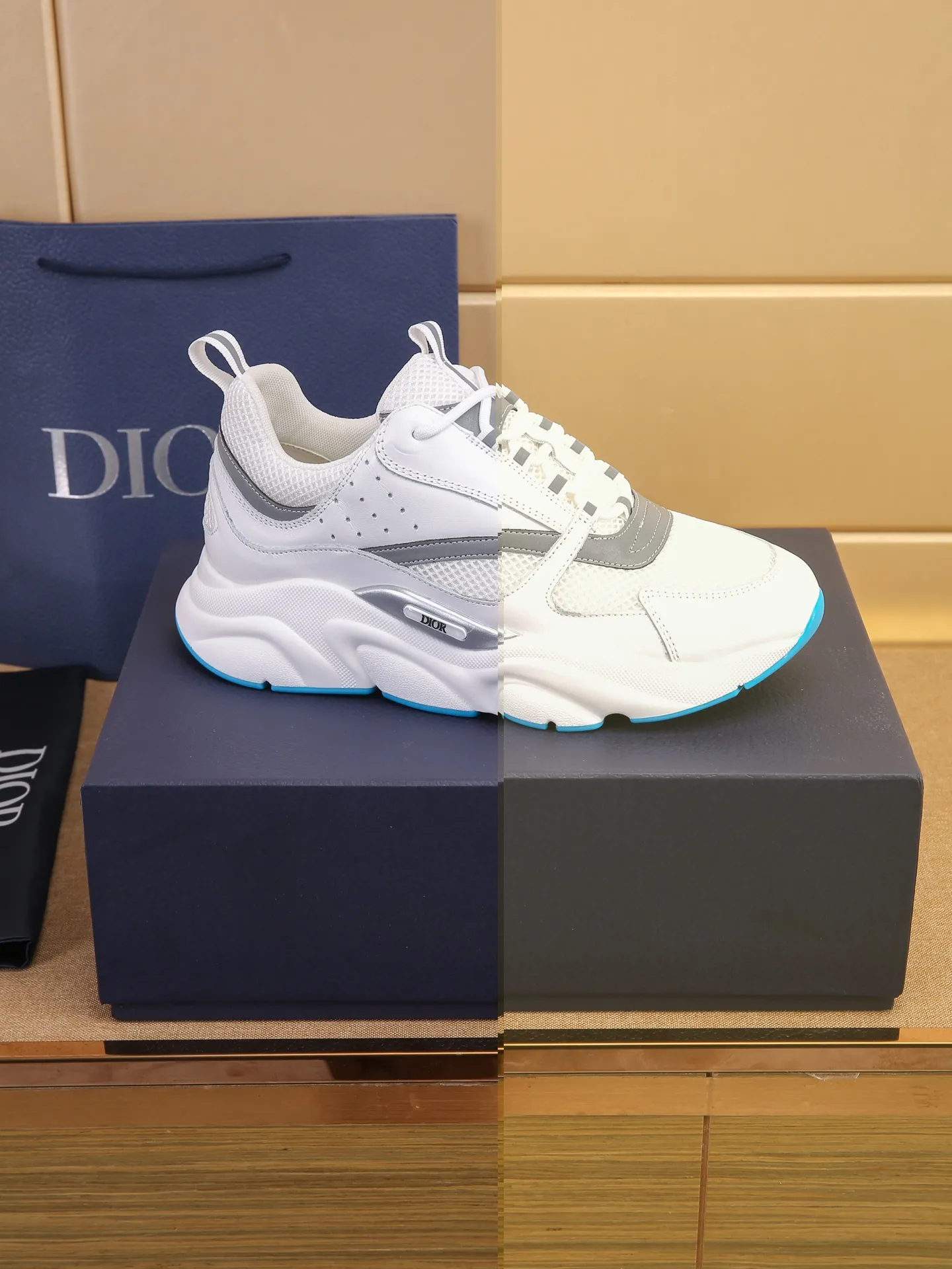 Factory price: 460💰Dior’s top version of D’s b22 men’s sports shoes. Inspired by retro running styles, the chunky low-top silhouette features gray calf leather and blue and white mesh fabric uppers, atop a black, white and blue engraved rubber sole. Nylon ribbon accents the blue mesh tongue and heel counter, and a "dio~" logo appears on the side. Pair it with a suit for a striking contrast and add a sportswear-chic edge to your look. The thick sole can be about 4cm~ Size: 38-45, [46, 47 customized]